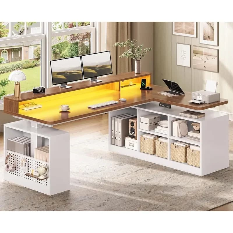 SEDETA L Shaped Electric Standing Desk 63 inch Gaming Desk Computer Desk with Storage Shelves LED Lights Height Adjustable