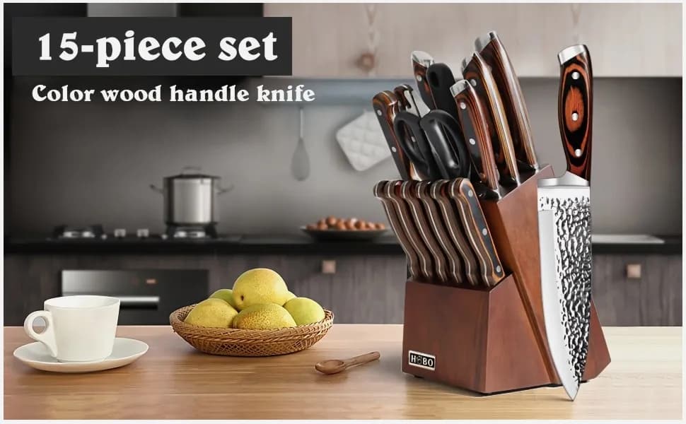 15/20-Piece Kitchen Knife Set with Wood-Handle Knives, Hammered Stainless Steel Blades, Built-in Sharpener & Acacia Wood Block — Dishwasher-Safe, Well-Balanced, Ergonomic Design for Daily Cooking, Slicing, Chopping & More — Thoughtful Gift for Home Chefs