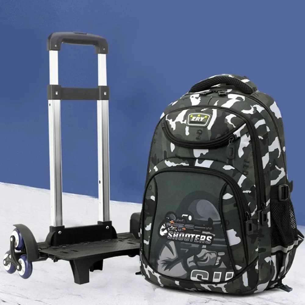 Zaino per bambini mimetico a 2 ruote, alla moda, impermeabile, per viaggi e scuola, con trolley, tracolla in rete spessa, borsa a mano per bambini