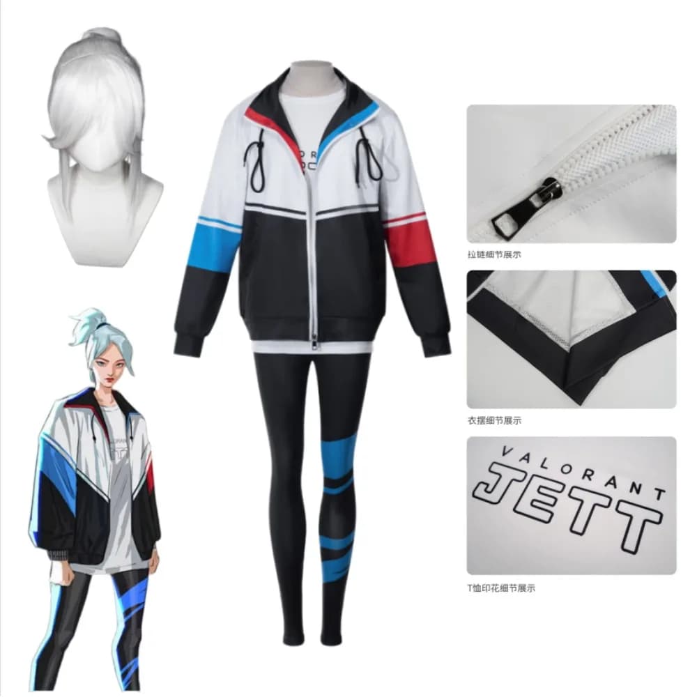 Valorant Jett Cosplay Costume Windbreaker Women T-Shirt Baseball Jacket Full Set Adult Halloween Comic Con Daily Casual Outfit
