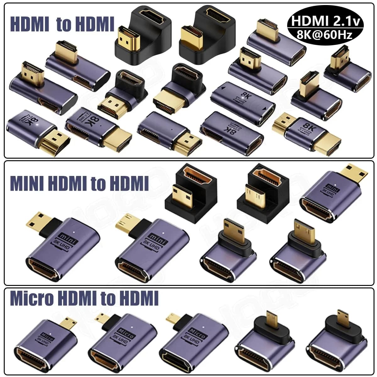 Adapter hdmi 8k 4k 90 degrees @ 120Hz 270 degrees HDTV angled adapter 360 180 degrees micro hdmi to HDMI U-shaped converter