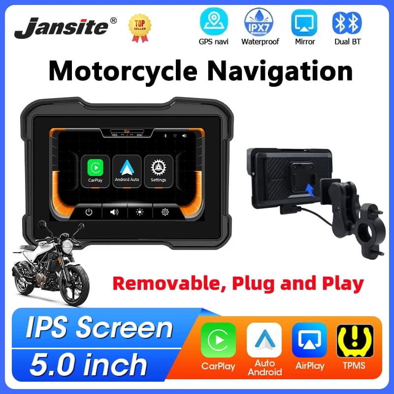 Portable 5 inch Motorcycle Carplay Wireless Android Auto Navigation GPS IPX7 Waterproof Bluetooth Moto Monitor Support TPMS