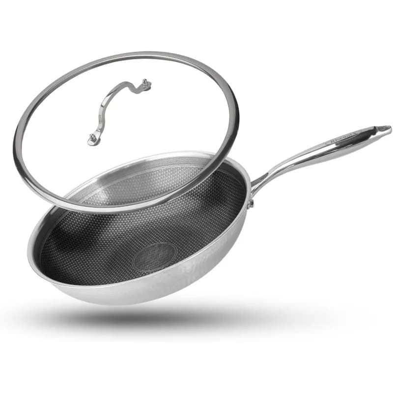 Wok ibrido, Wok da 12 pollici con coperchio, Wok in acciaio inossidabile e padelle antiaderenti, pentole senza PFOA, lavastoviglie e forno