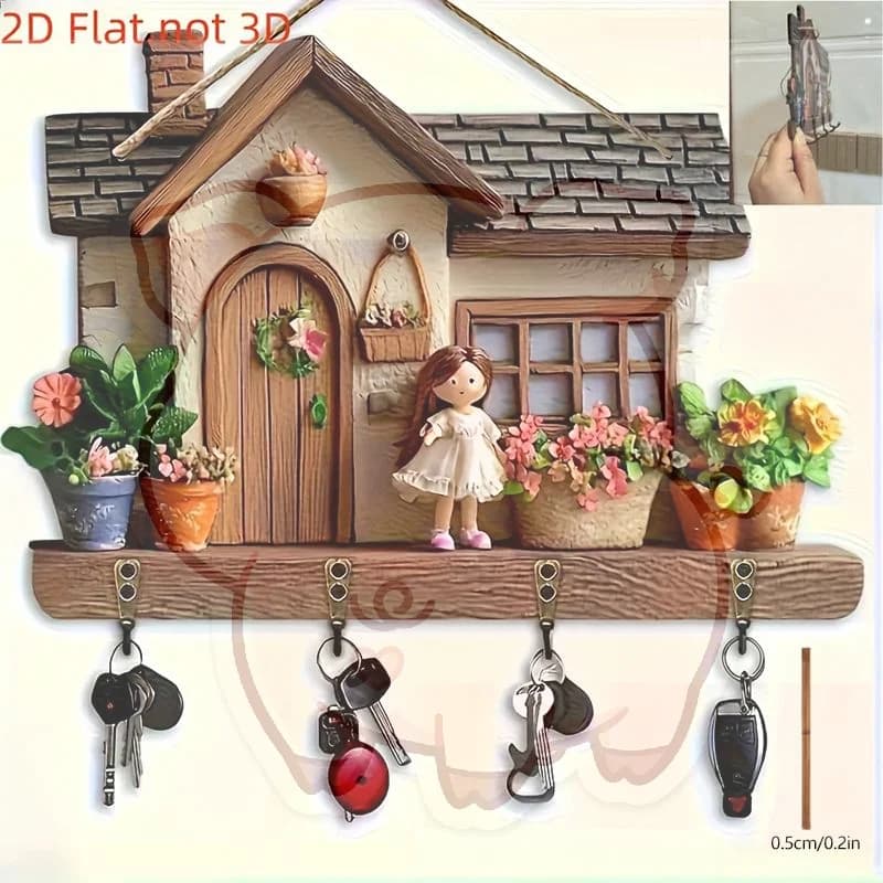 Motorcycle Style Wooden Key Holder 4 Heavy Duty Metal Hooks 2D Flat Wall Hanging Organizer for Bar Garage Home Decor