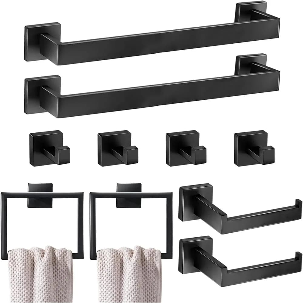 Set di accessori per il bagno nero opaco da 10 pezzi: portasciugamani, anelli, porta carta igienica, ganci appendiabiti - Acciaio inossidabile