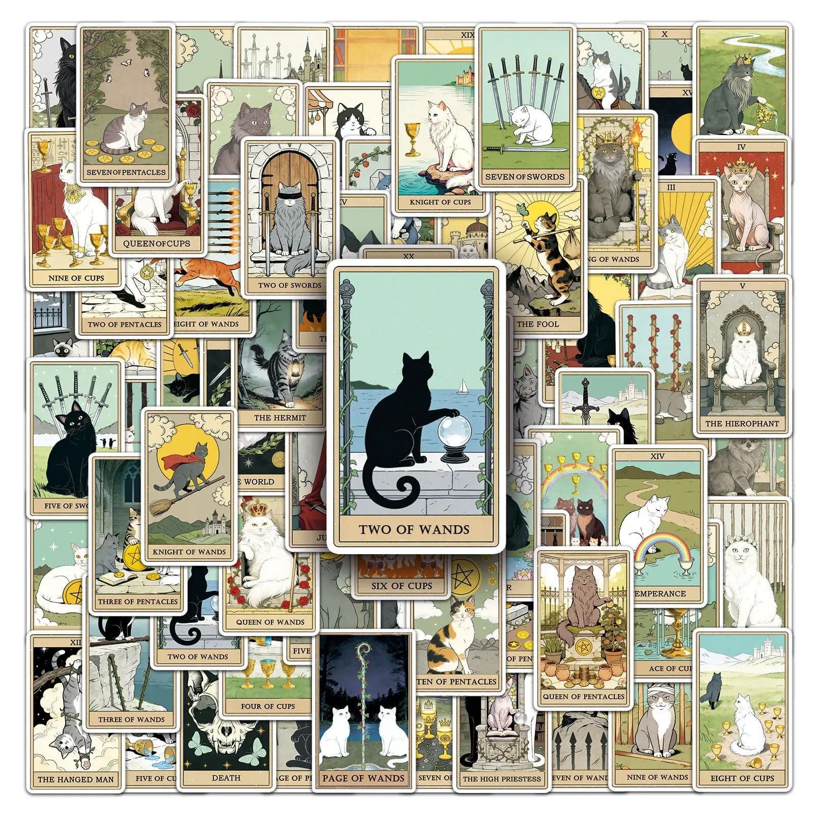 78Pcs Cat Tarot Card Stickers, Waterproof DIY Decals for Skateboard Phone Luggage, Creative Aesthetic.