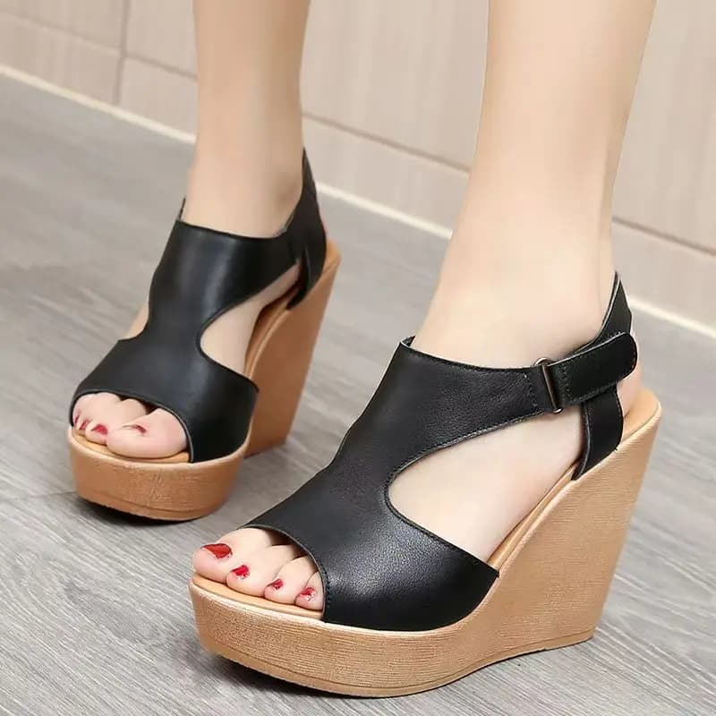 Sandali Estivi da Donna Nuovi in Vera Pelle con Zeppa, Punta Aperta, Suola Spessa Antiscivolo, Intagliati, con Velcro, alla Moda, Tacco Alto