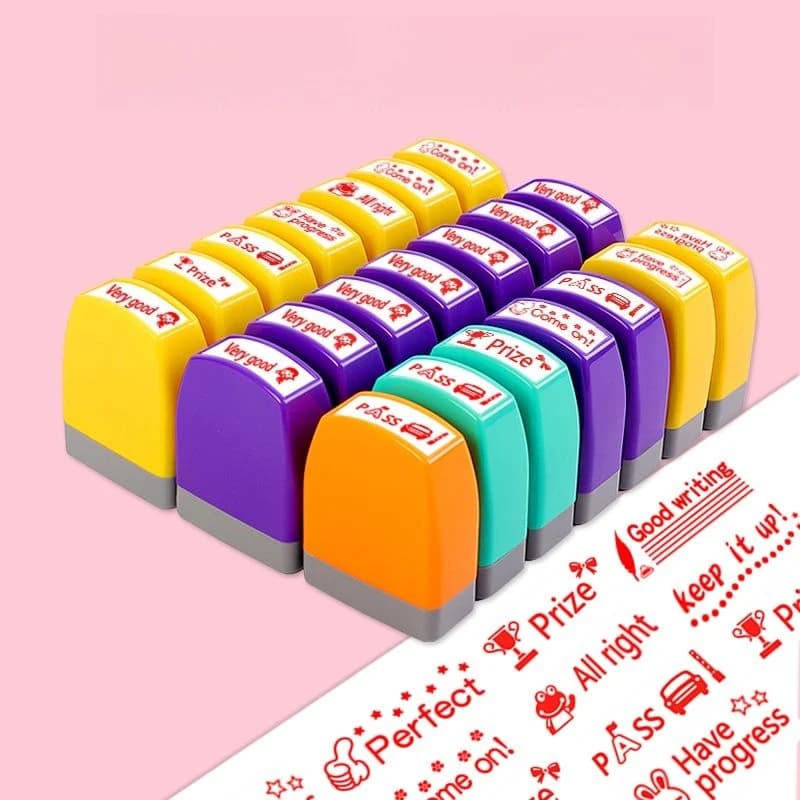 Teacher's Comment Stamp Reward Children's Set for Teachers in English. Teacher Corrects Homework, Stamps To Encourage and Praise