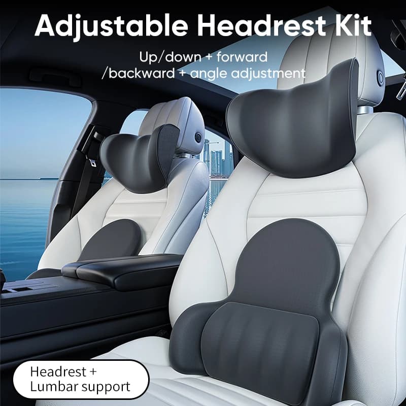 Set di Supporto Lombare e Cuscino per il Collo da Auto - Poggiatesta Ergonomico Universale per il Comfort di Guida, Regolabile in 6 Direzioni con Gancio per Sedile Posteriore