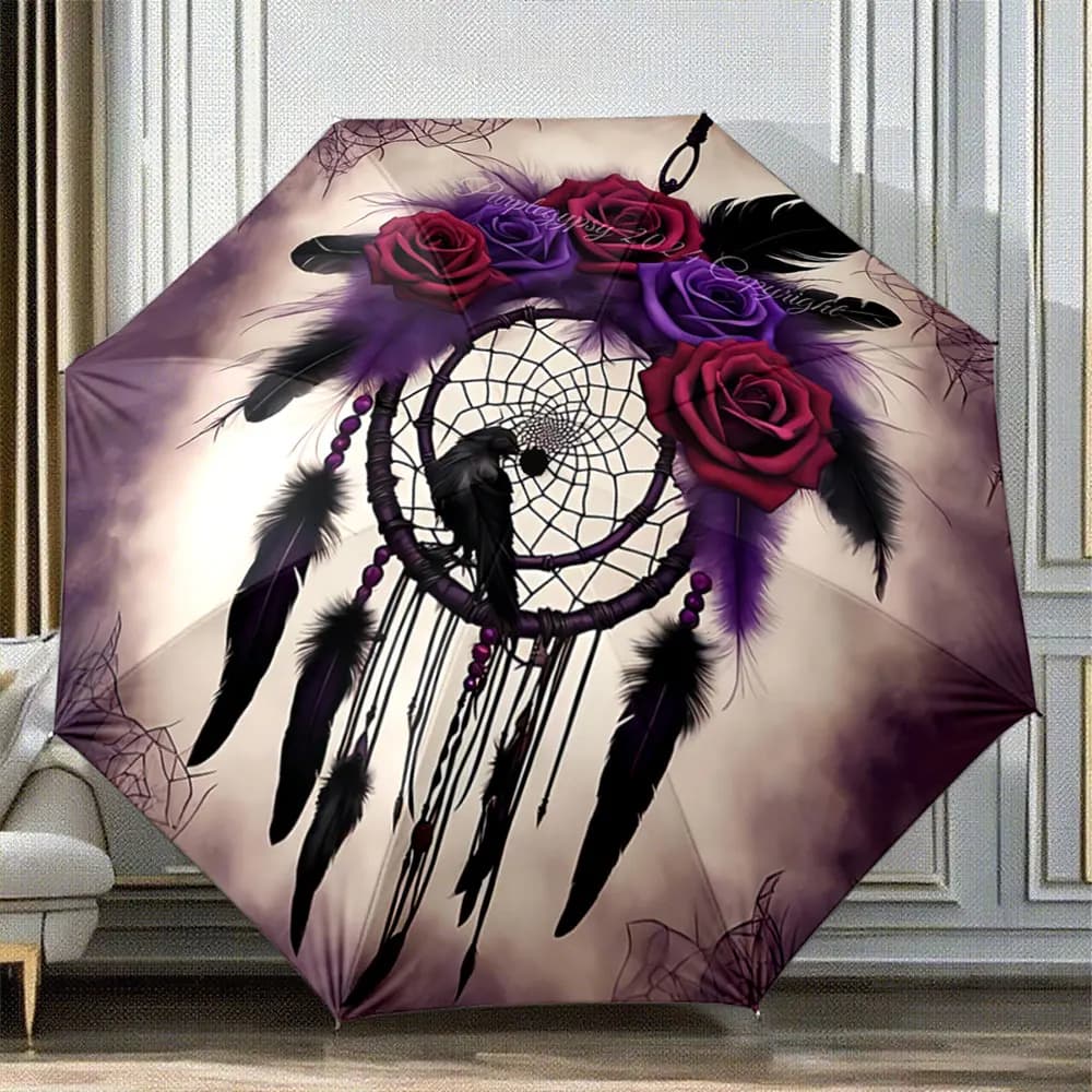 "Dreamcatcher with Roses and Dark Feathers Gothic Design" ,Portable Folding Umbrella, Gift for Family Friends