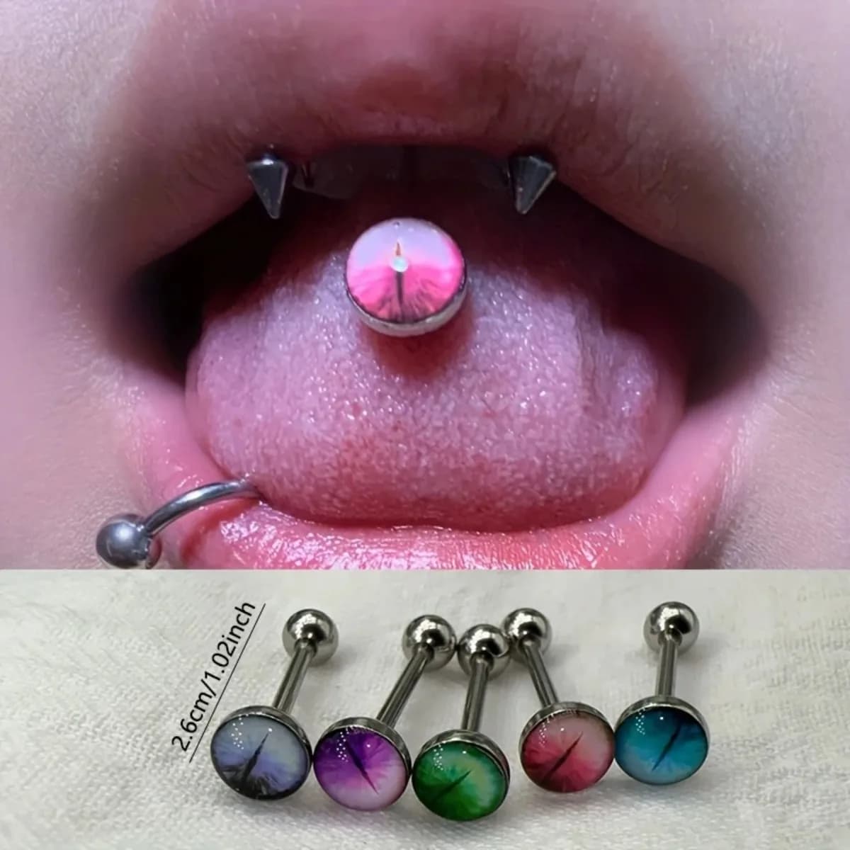 Nuovi anelli colorati per la lingua dell'occhio in acciaio inossidabile ipoallergenico alla moda per gioielli penetranti per il corpo con perno alla lingua delle donne