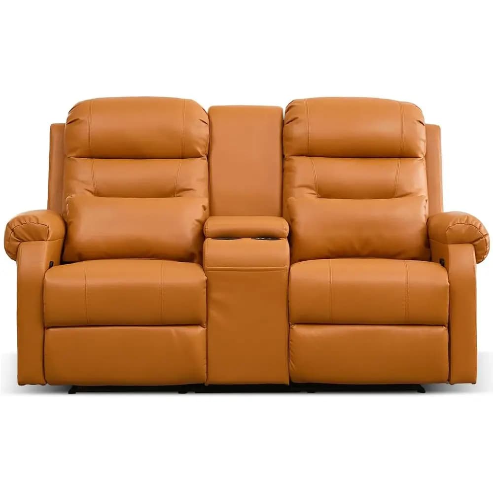2 Person Reclining Loveseat with Cup Holders, Storage, and Lumbar Pillow, Orange Leatherette