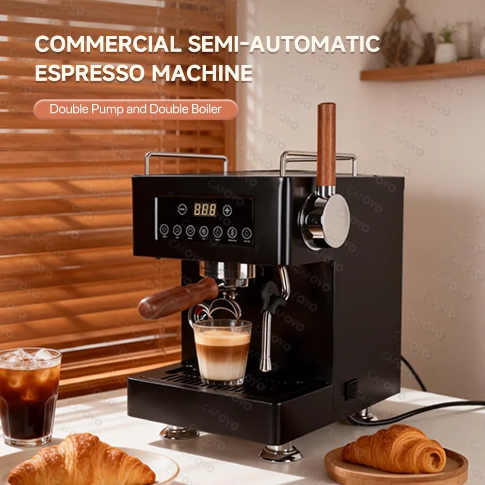 Macchina da Caffè Espresso Semiautomatica CAFOVO E147 9 Bar con PID+NTC, Doppia Pompa ULKA, Doppio Boiler e OPV per Casa e Caffetteria