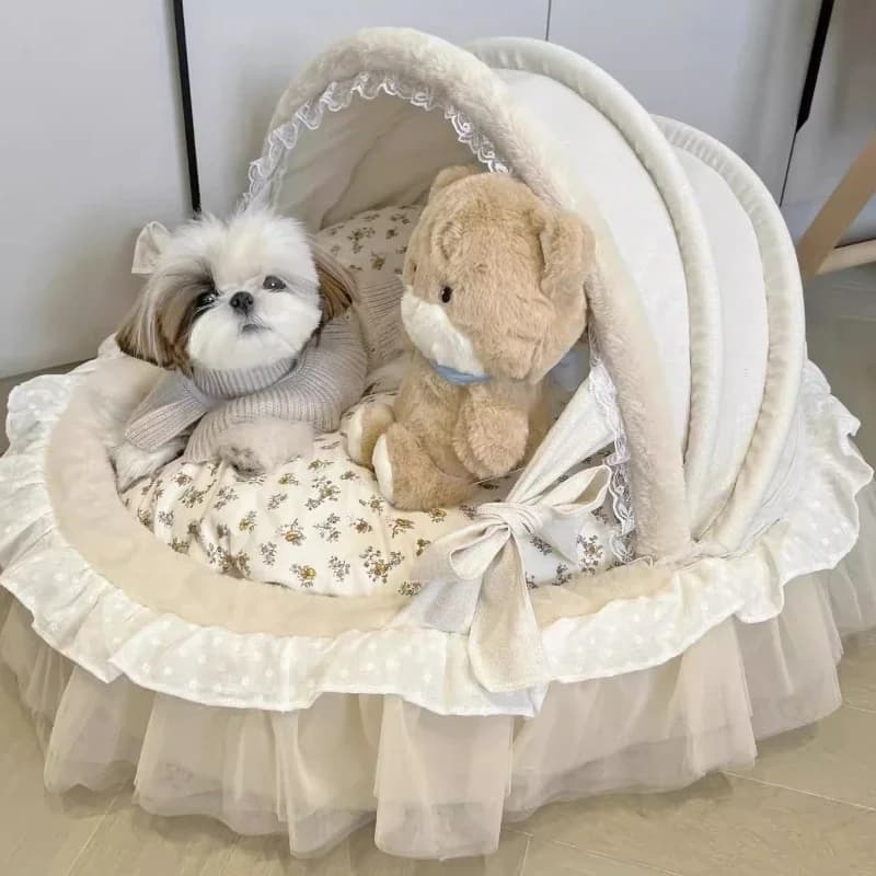 Letto per culla per animali domestici, staccabile, lavabile, per cuccioli, per interni, per cani, gatti, morbido fiocco in pizzo, per gattini, letto da principessa con prodotti per animali domestici coperti di lusso