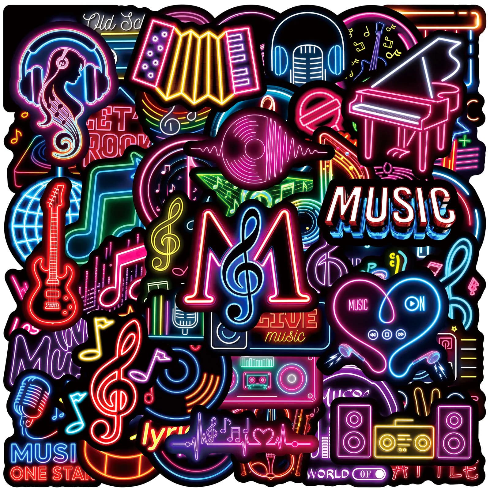 Confezione da 50 Adesivi Impermeabili Neon con Motivi Musicali e Graffiti per Chitarra, Casco, Skateboard, Borraccia, Tablet, Telefono, Notebook, Decorazione Fai-da-Te