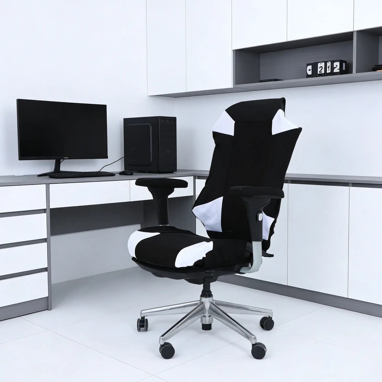 1Set Gaming Chair Covers Stretchable Black White Mesh Cloth Seat Backrest Armrest Slipcover Breathable Scratch Resistant