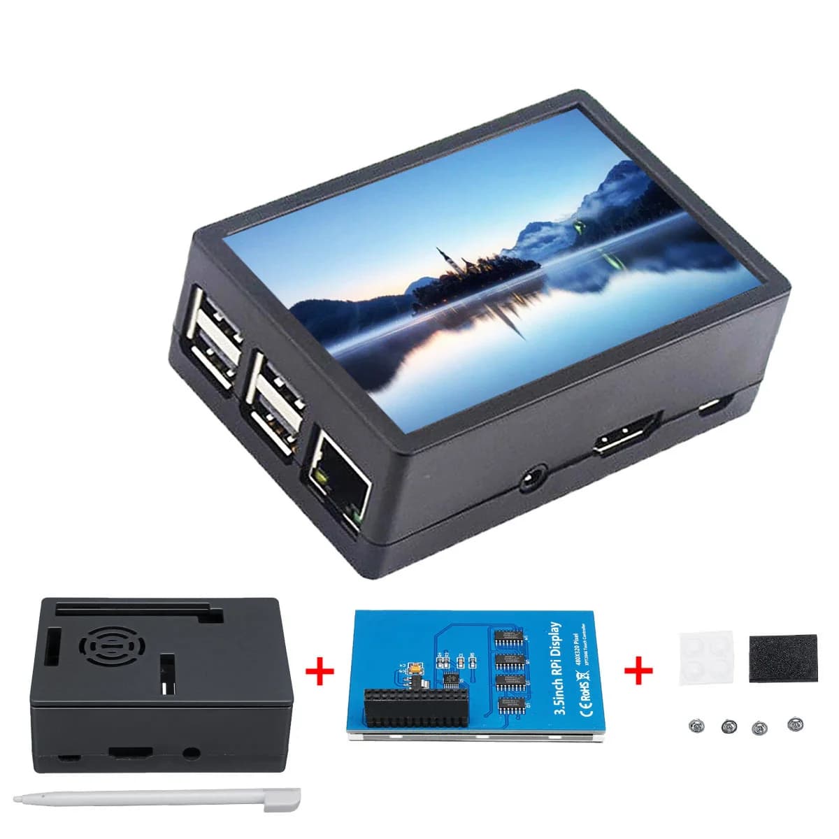 3Pcs Raspberry Pi 3B+/3B Case Kit with Cooling Fan, 3.5-inch Touchscreen & ABS Protective Shell Full Set