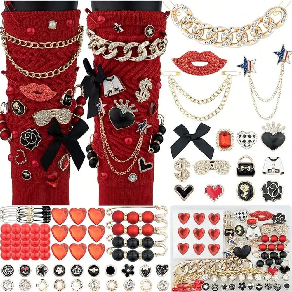 Junk Drawer Charm Set, Black Red Charms, Womens Socks, Brooches Pins, Shoe Decorations With Bows, Sneaker DIY Kit, With Faux Pe