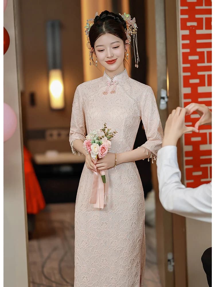 Pink Improved Young Engagement Dress Women's Daily Wear 2026 New Chinese Style Clothes Small Size High Slit Long Sl...