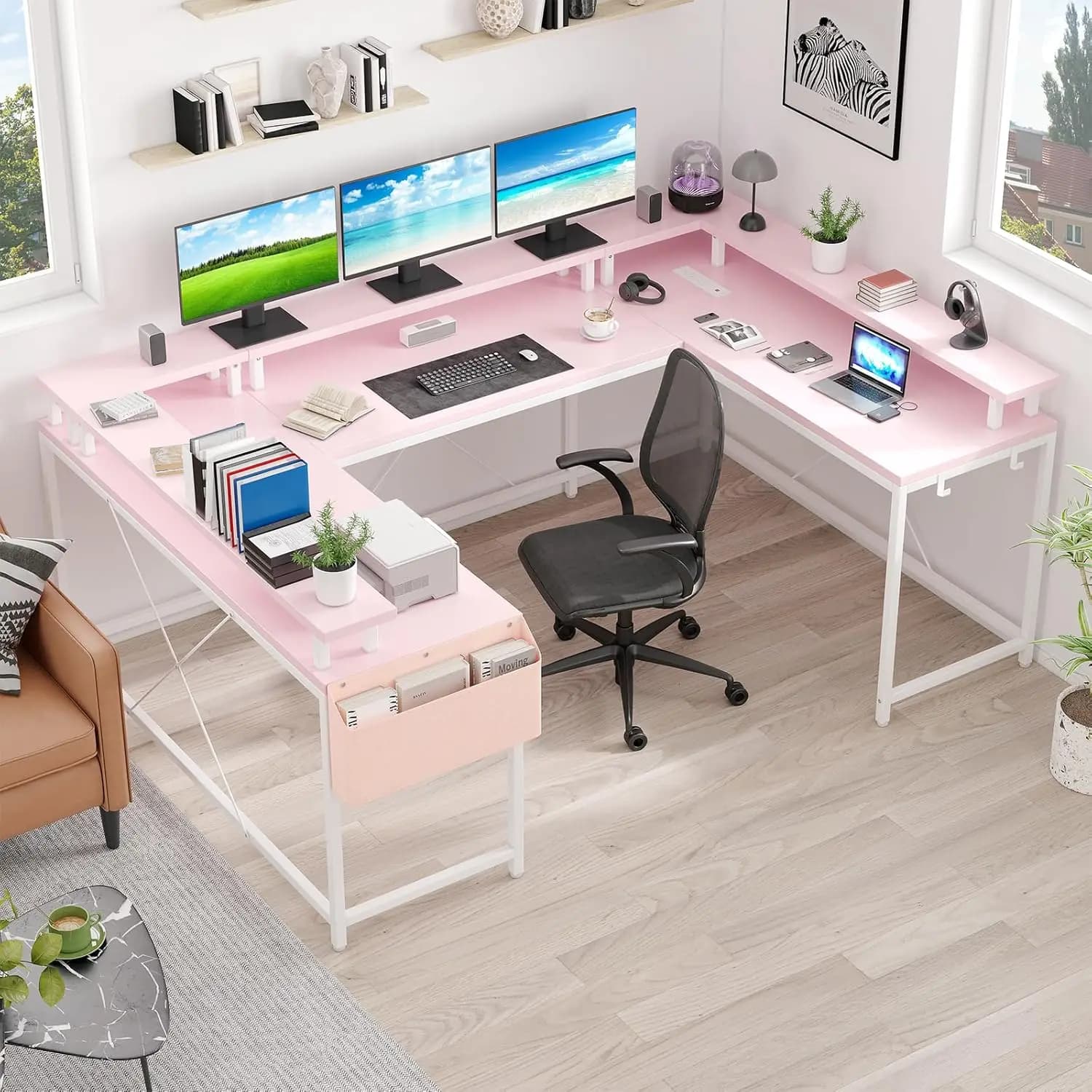 U-Shape Desk with Power & RGB LED, Reversible L-Shape Monitor Stand, Office Workstation, 79 Inch 600lbs Gaming Desk, Customized