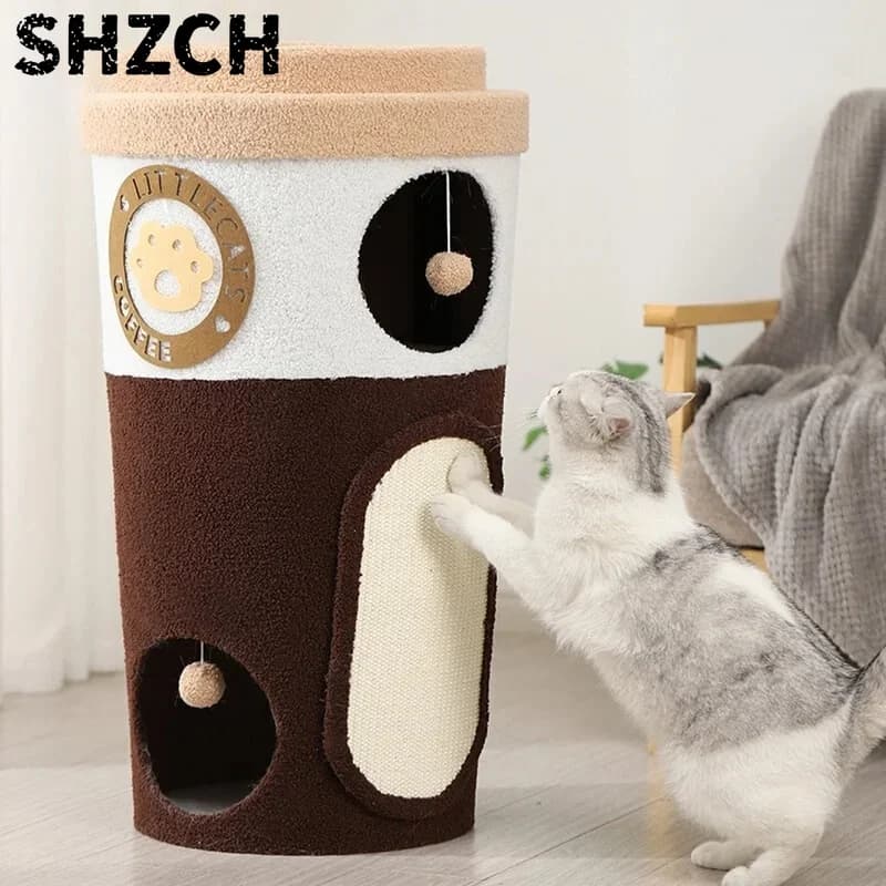 Enclosed Cat Tree with Sisal Column & Dual-Layer Cave - Year-Round Space-Saving Coffee Cup Design Pet Furniture for Small Spaces