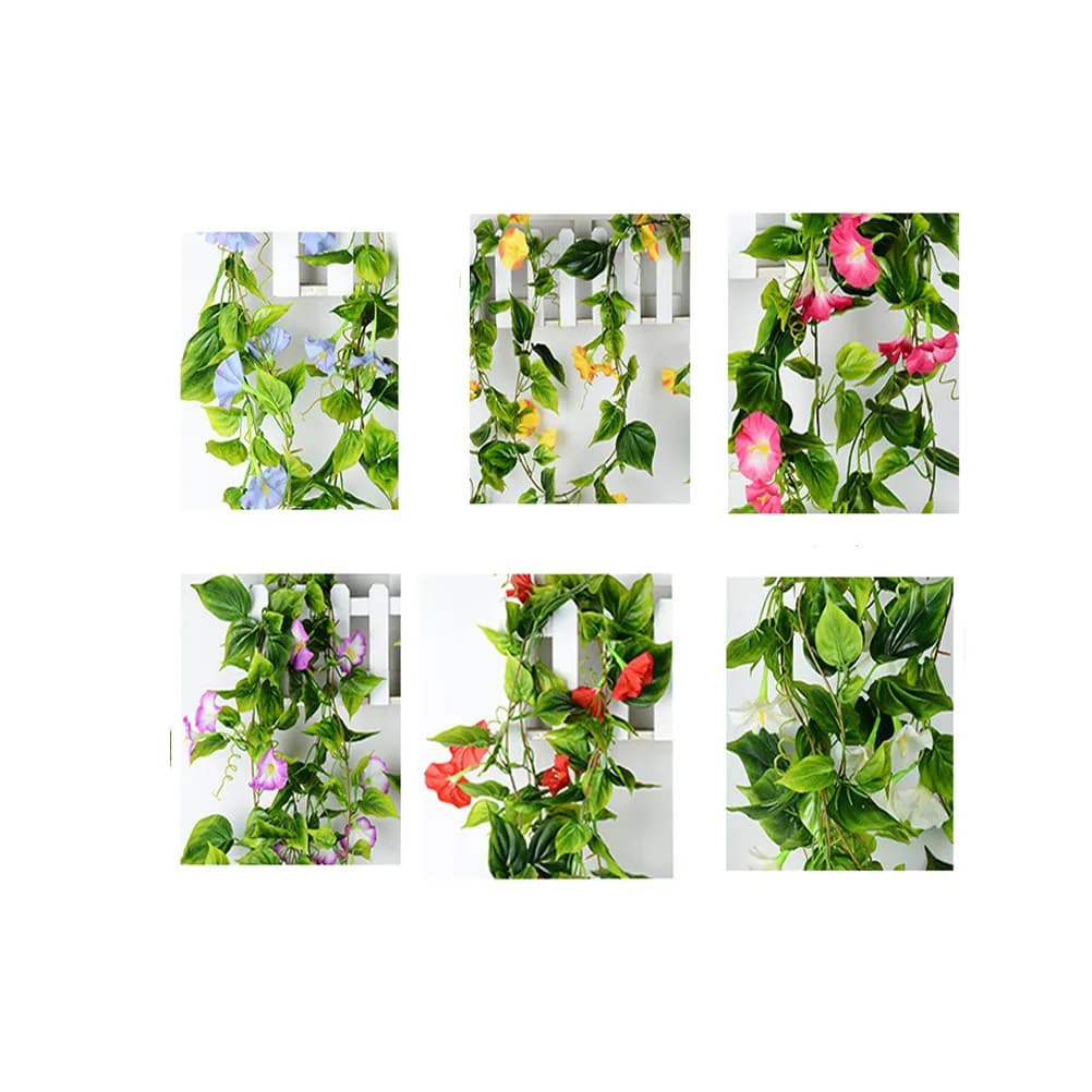 2Pcs Artificial Vines Morning Glory Silk Hanging Green Plants Realistic Home Garden Wall Fence Stairway Outdoor Wedding Party