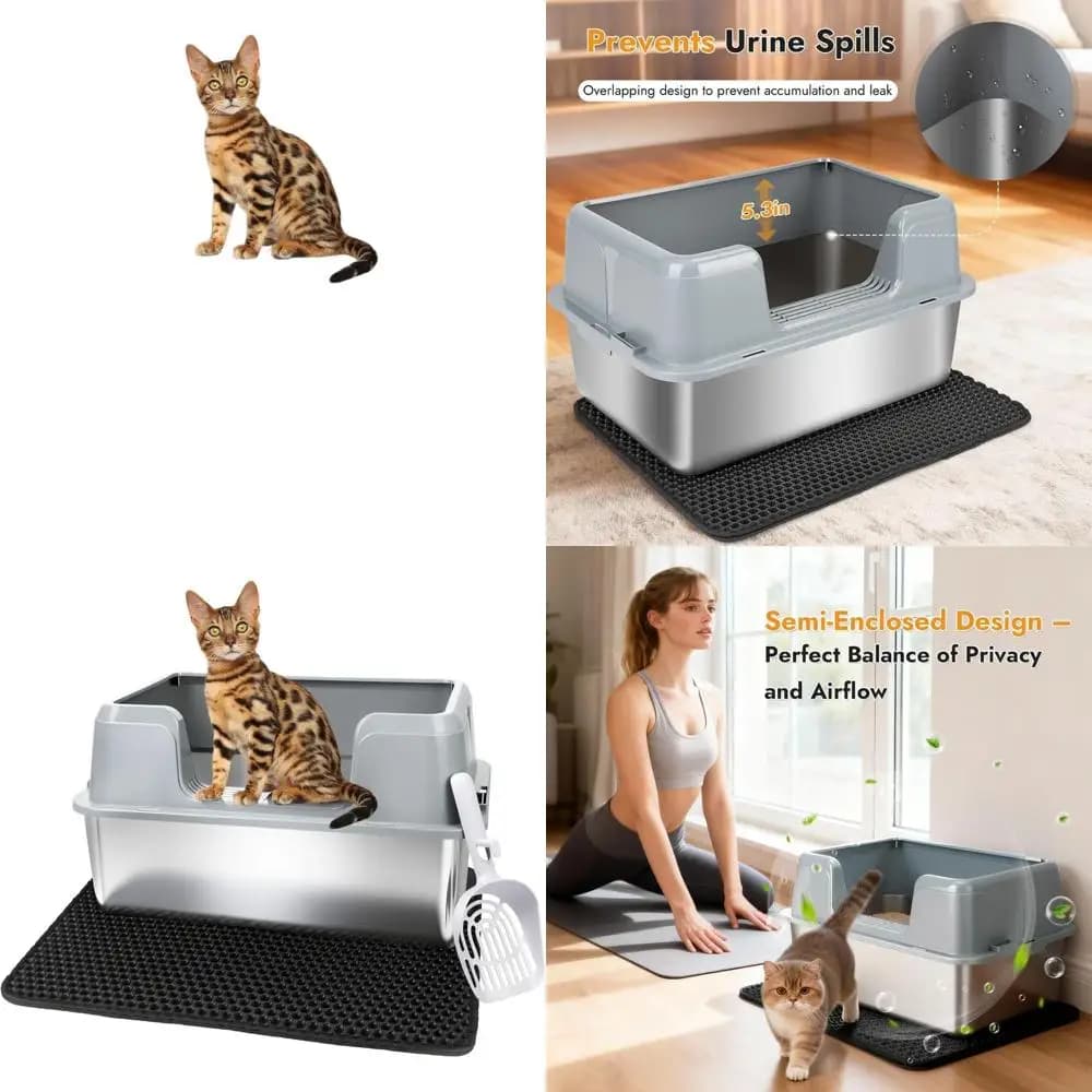 Lettiera per Gatti Semi-Chiusa Grande con Coperchio e Tappetino, Vassoio in Metallo Anti-Perdita per Facile Pulizia e Controllo degli Odori (Grigio)