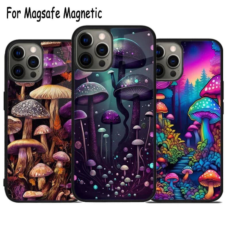 Custodia per telefono con ricarica wireless e motivo a funghi per iPhone 17 Air 15 16 16e 14 13 11 12 Pro Max Plus, cover magnetica Magsafe con paraurti