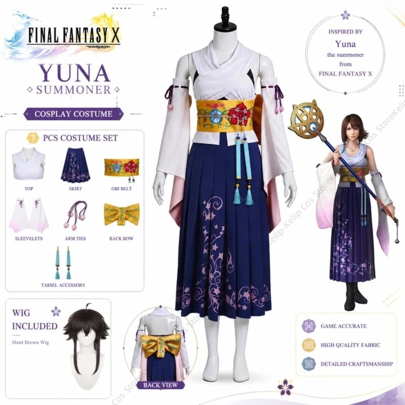 FF10 X Yuna Cosplay Costume Japanese Kimono Style Outfit Blue Pleated Skirt Obi Belt Halloween Carnival Party Play Outfit