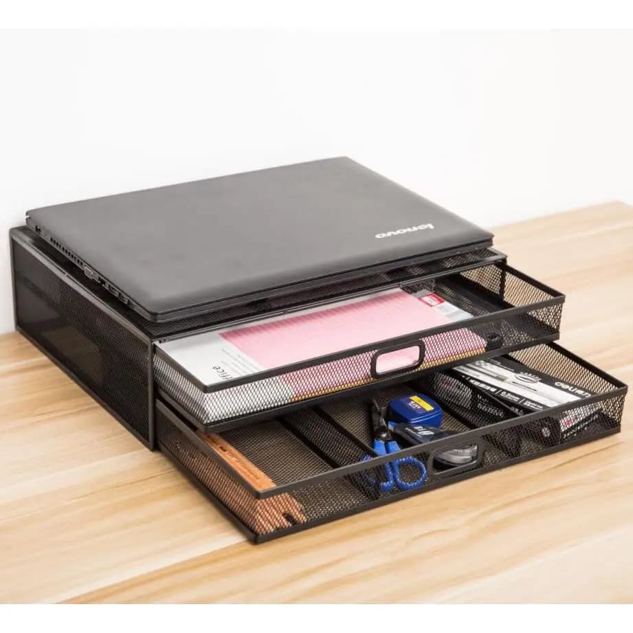 Supporto per Laptop in Metallo a Griglia, Espositore Rialzato, Organizer da Scrivania, Scatola Rettangolare per Ufficio, Stile Semplice con Cassetto