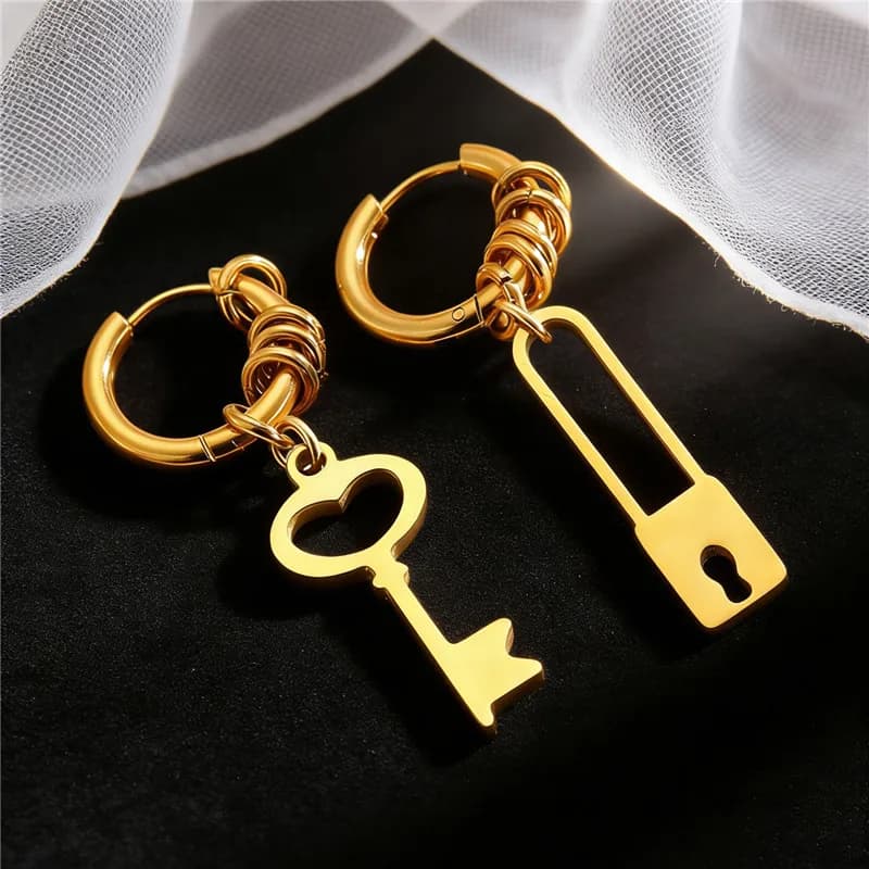 Asymmetry Stainless Steel Gold Color Hoops Earrings for Women Punk Lock and Key Pendant Long Earring Girls Personality Gift