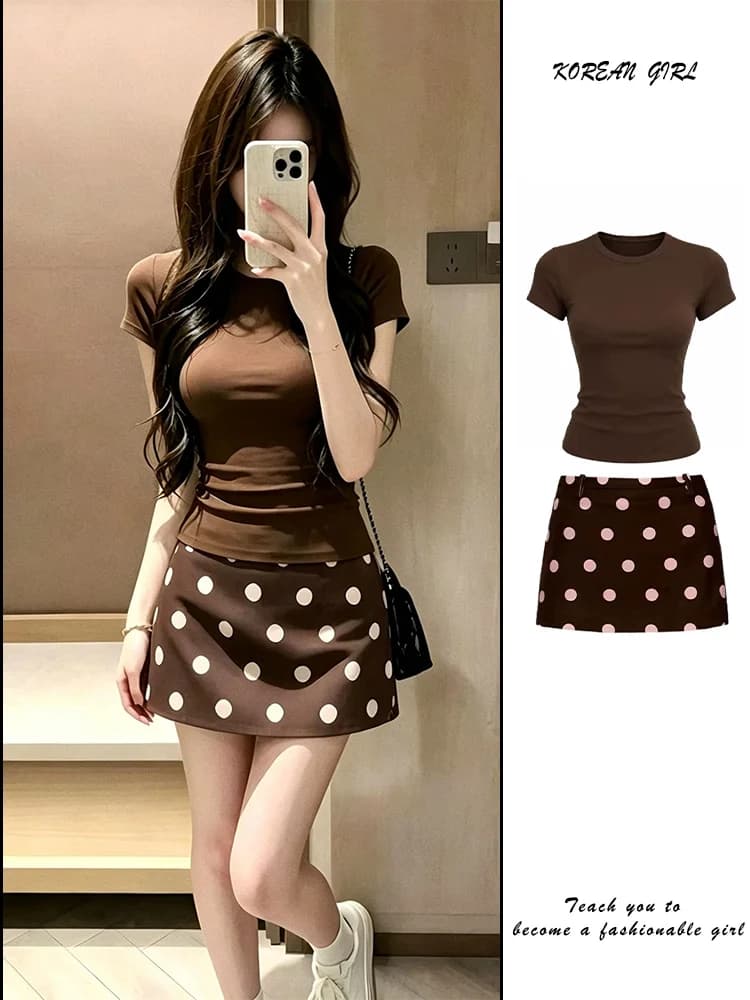 Spicy Girl Retro Shoulder Short Sleeve T-Shirt Women's Summer Korean Polka Dot Wrap around High Waist Skirt Two Piece Set