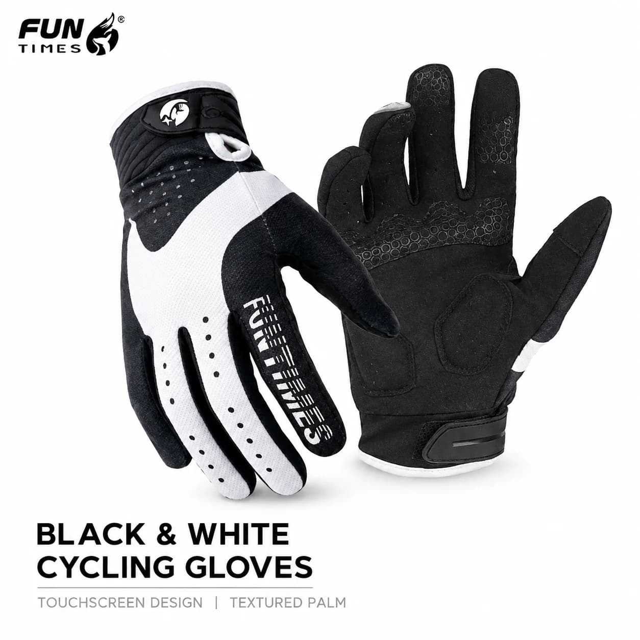 FUNTIMES Black White Cycling Gloves Full Finger Touchscreen Textured Palm Bicycle Gloves for MTB Road Bike Outdoor Riding Sports