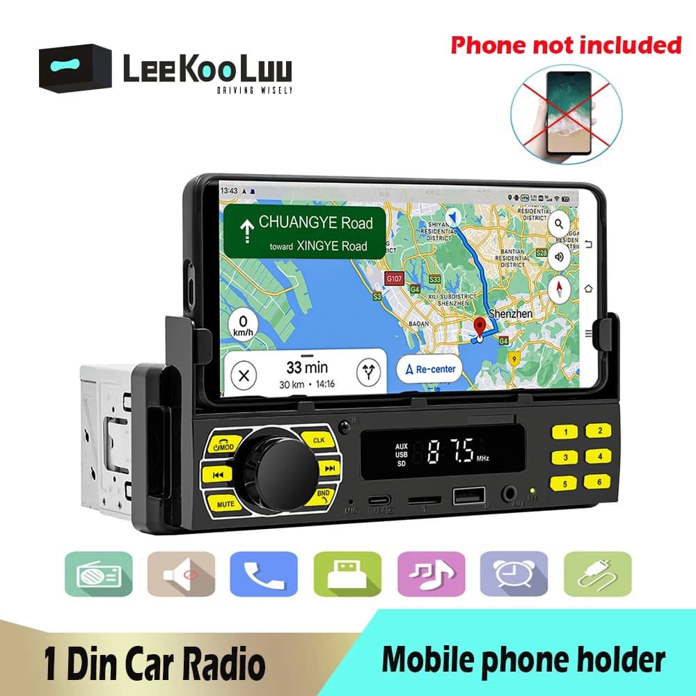 Leekooluu 1 Din autoradio Stereo Bluetooth Audio musica In-Dash Car Player lettore MP3 USB/SD/AUX-IN con supporto per cellulare