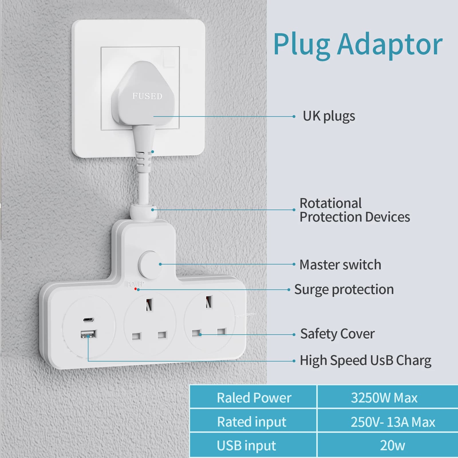 Current socket UK Wall mounted socket 13A 3120W Flexible multiple socket Extension USB power adapter Home Office