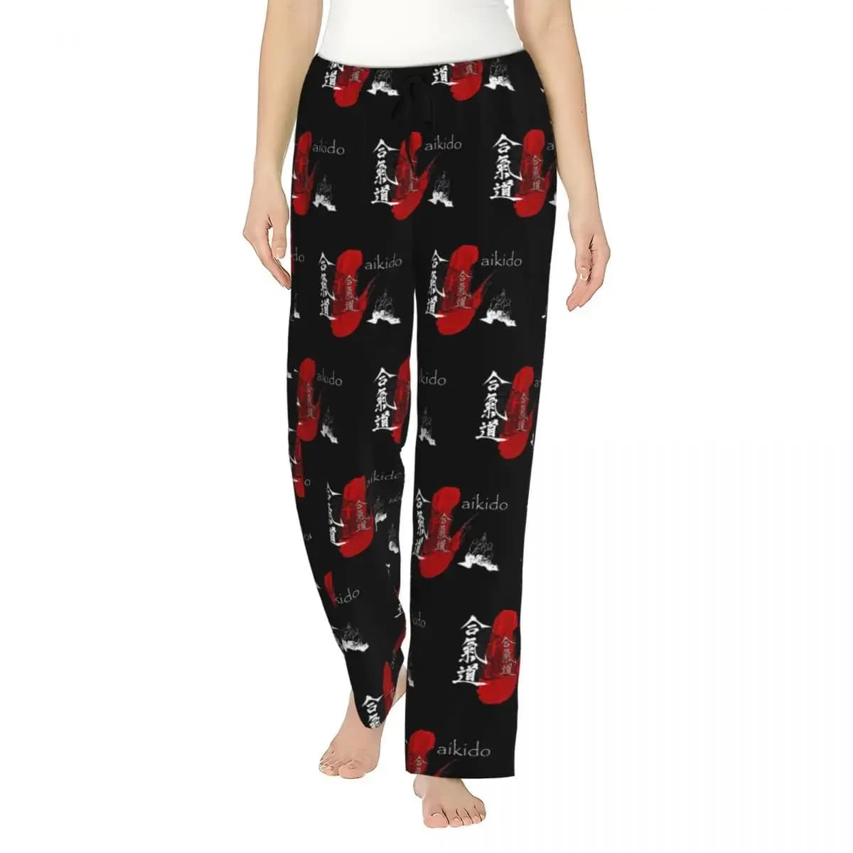 Pantaloni da pigiama da donna con design personalizzato Aikido Red Stroke - Design artistico per arti marziali, pantaloni da notte con tasche