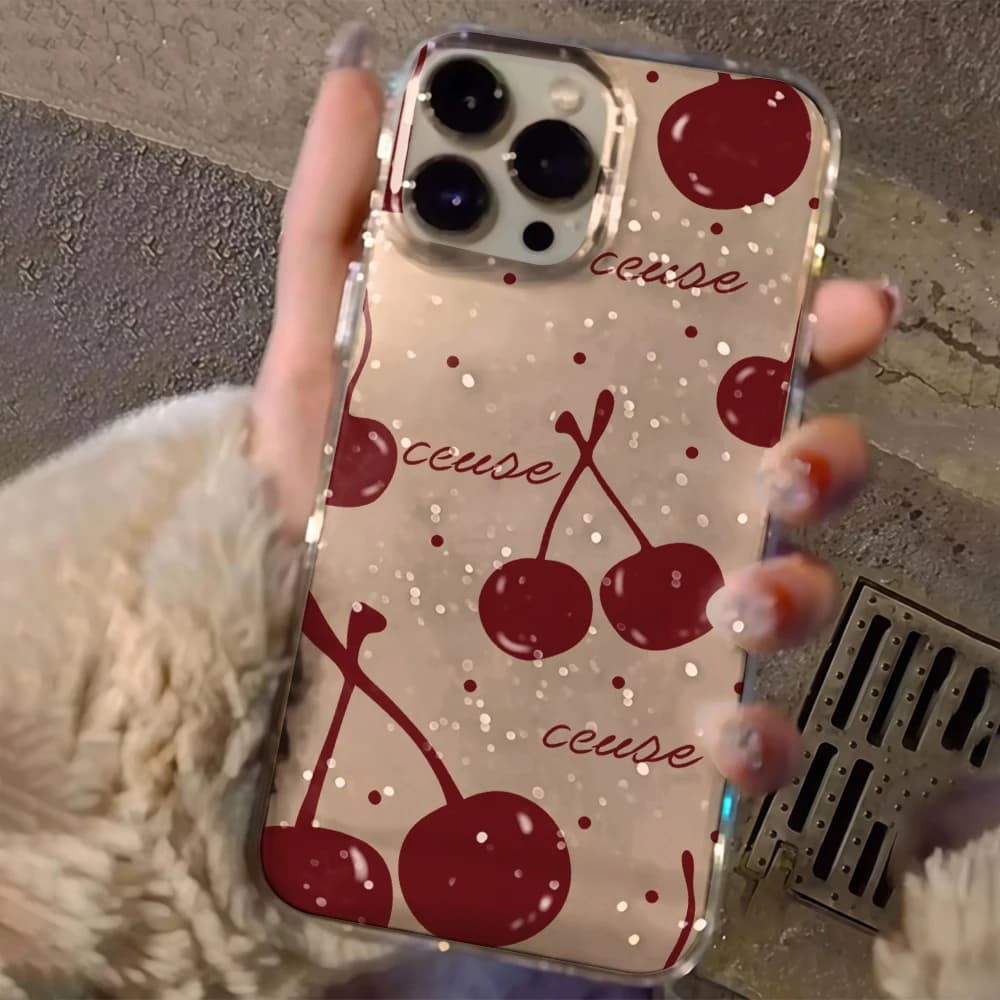 Luxury Simple Cherry Clear Glitter Phone Case For iPhone 17 15 13 16 12 11 14 Pro Max 17 Air XR X 16e Cases Shockproof TPU Cover