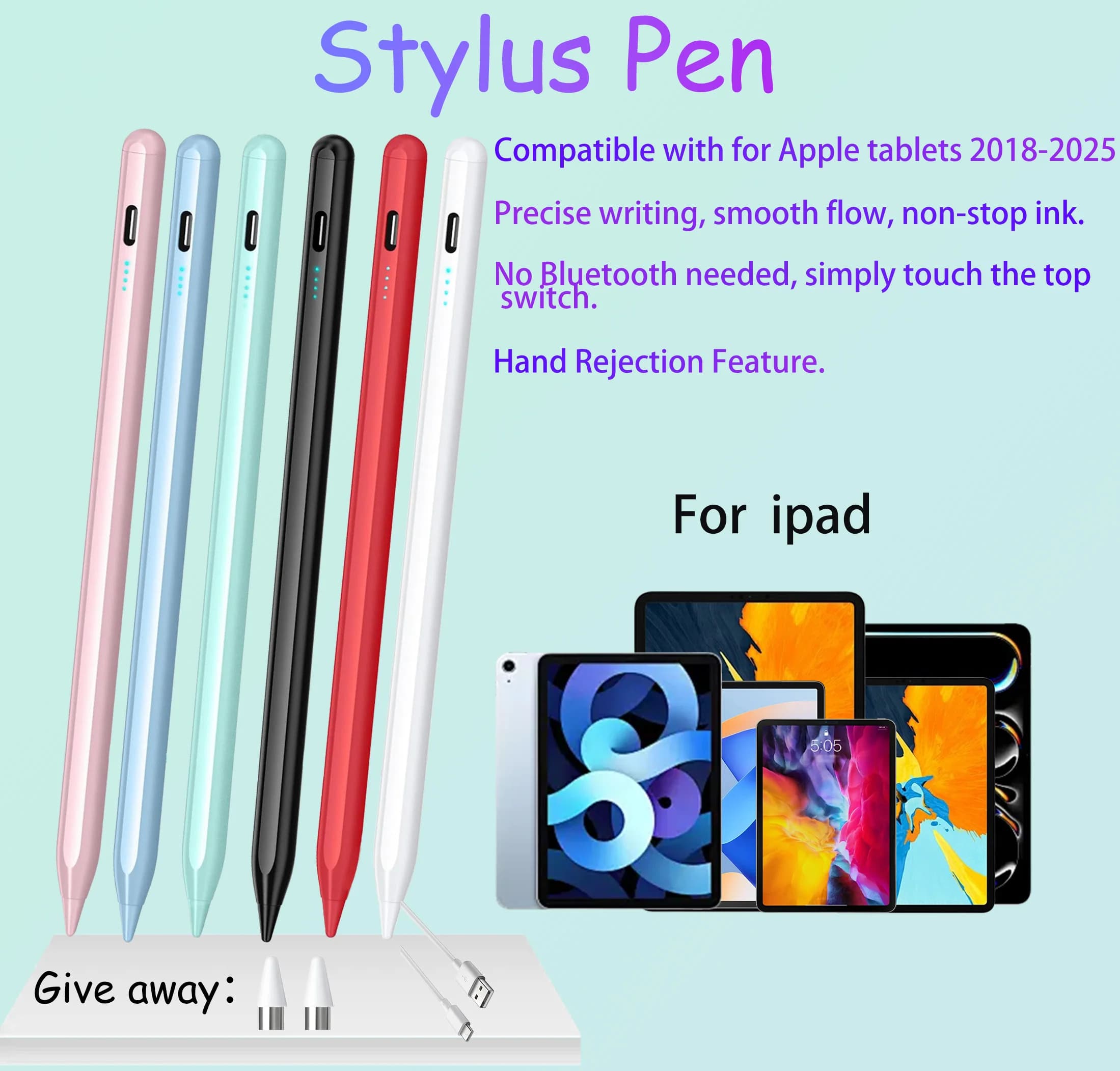 Penna stilo ricaricabile per iPad 2018+, con rilevamento del palmo, ricarica rapida, batteria a lunga durata, magnete laterale per una conservazione sicura