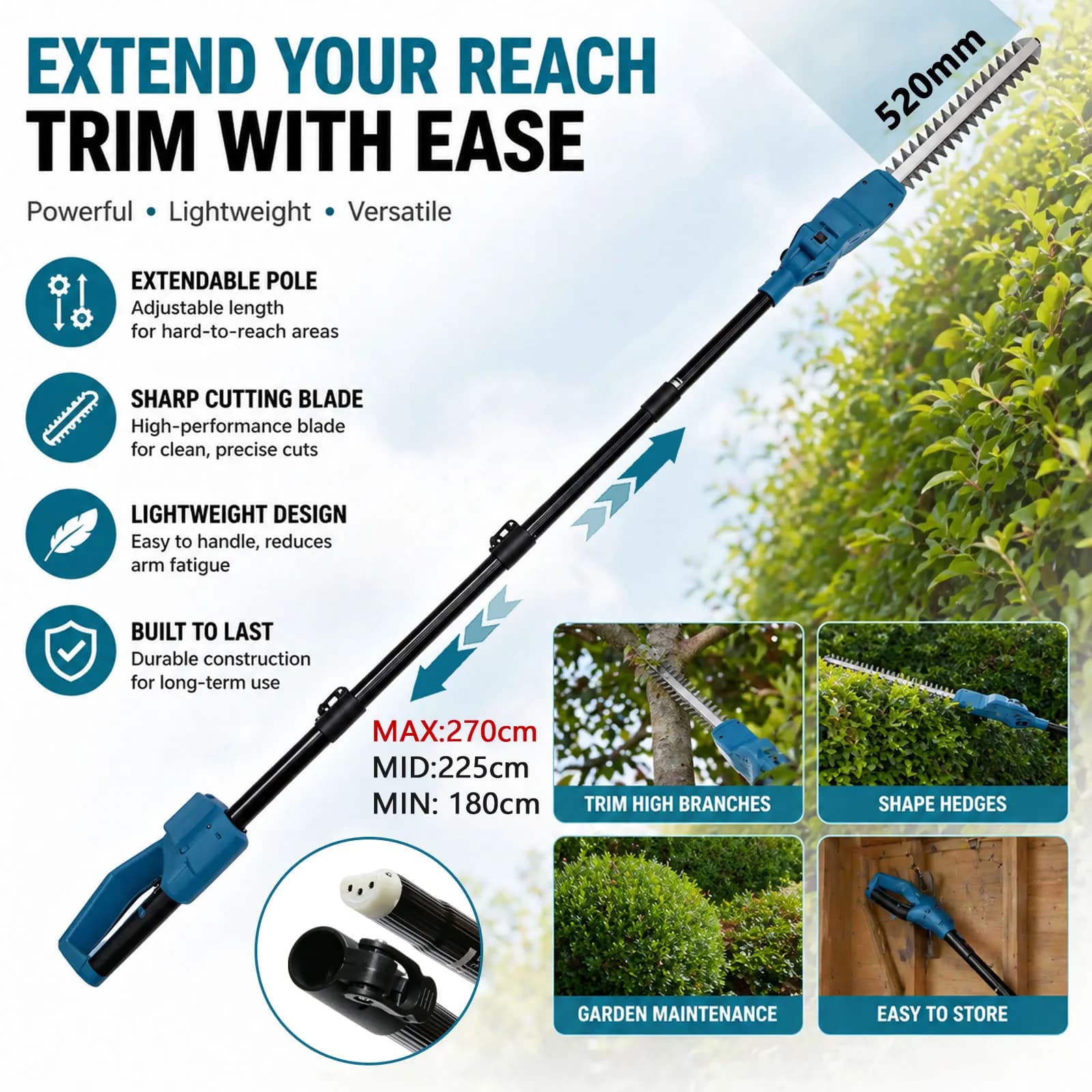 Nuovo Tagliasiepi Elettrico Telescopico Senza Fili Brushless per Rami Alti, Attrezzo da Giardino Compatibile con Batteria Makita 18V