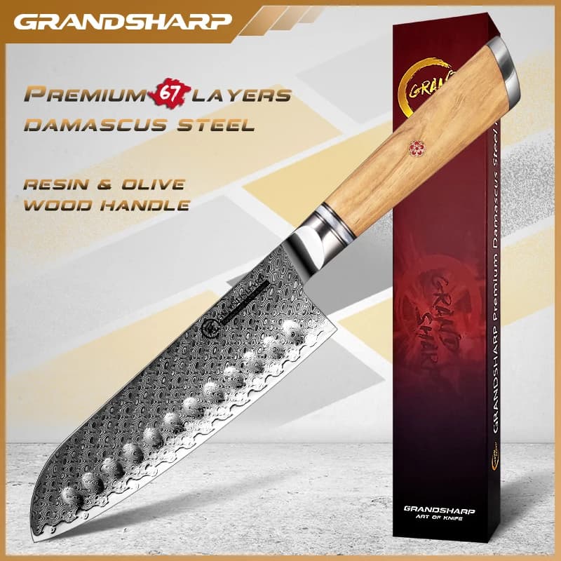 Professional 7 Inch Japanese Kitchen Chef Knife 67 Layers AUS-10 Damascus Steel Santoku Knife Meat Slicing Tool Grandsharp