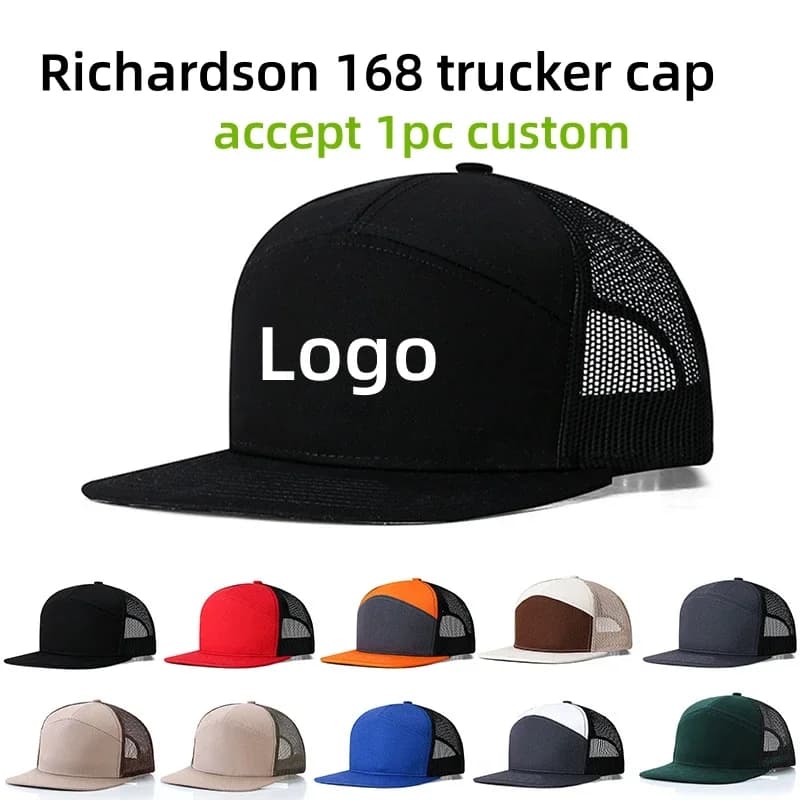 Unisex Custom Logo 7 Panel Trucker Hat Flat Brim Patchwork Mesh Baseball Cap Men's Hip Hop Sport Visor Hat Casual Gorros