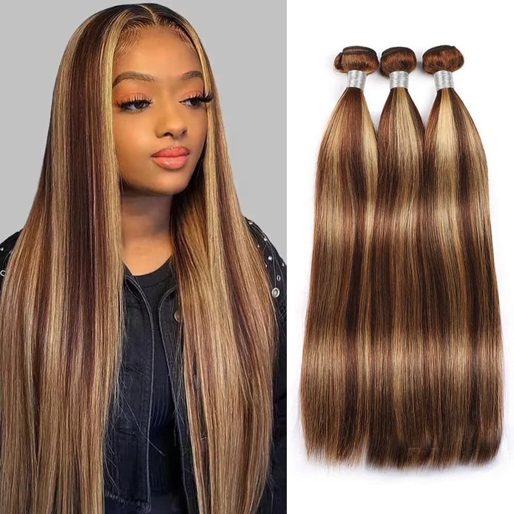 30 inch blond honey color smooth human hair extensions, P4/27, Brazilian hair, colored extensions for women, Remy hair.