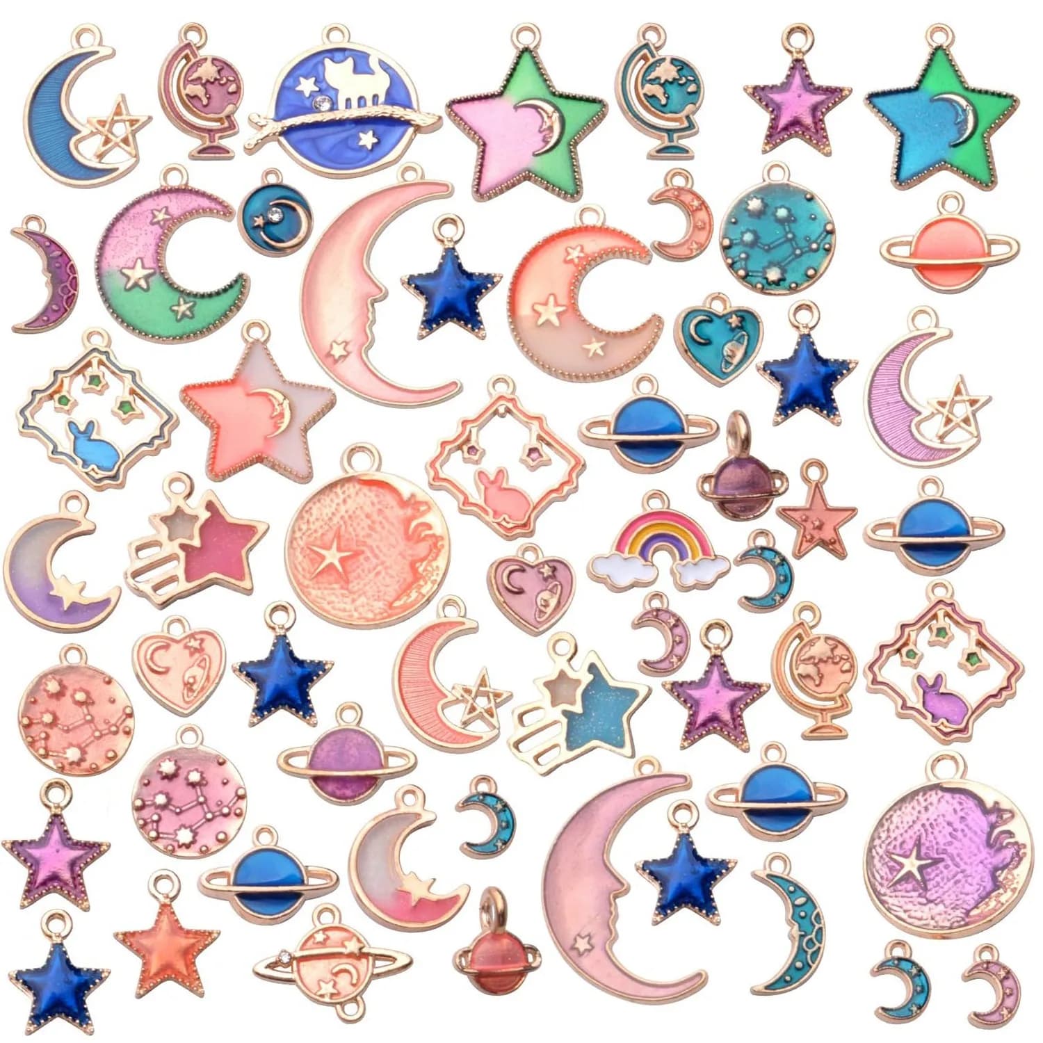 60 Pezzi Ciondoli Smaltati a Forma di Cuore, Luna e Stella, Charm Celesti per Creazione di Gioielli, Pendenti Fai-da-Te per Orecchini, Collane e Bracciali