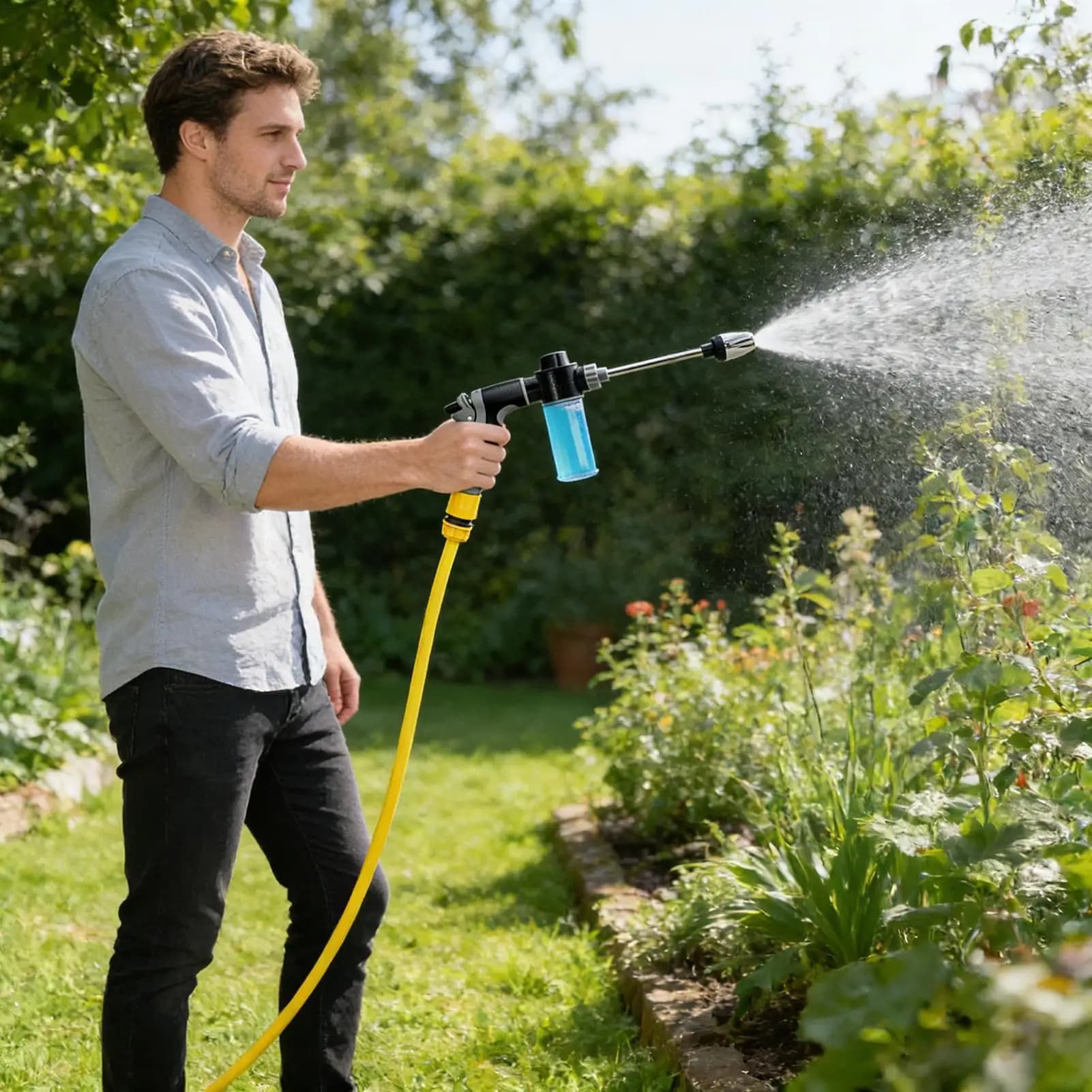 Ugello per Tubo da Giardino Multifunzione ad Alta Pressione, Spruzzatore in Metallo Regolabile per Lavaggio Auto, Irrigazione Prato e Giardino