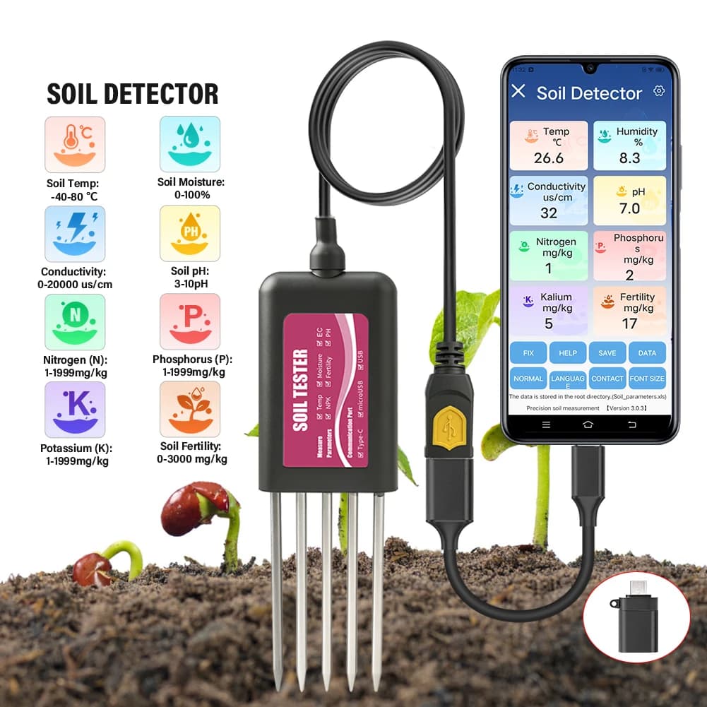 8in1 Smart Soil Tester NPK PH Meter EC Temperature Humidity Fertility Detector IP68 Waterproof Sensor for Farming Garden Plants