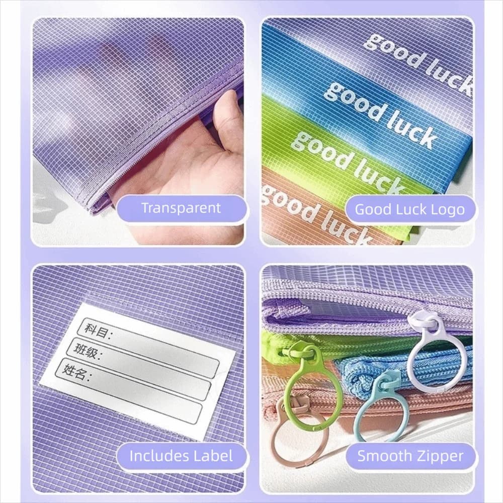 Simple Mesh A4 File Bag with Label Pocket Large Capacity Document Pouch Soft Foldable File Folder Gift