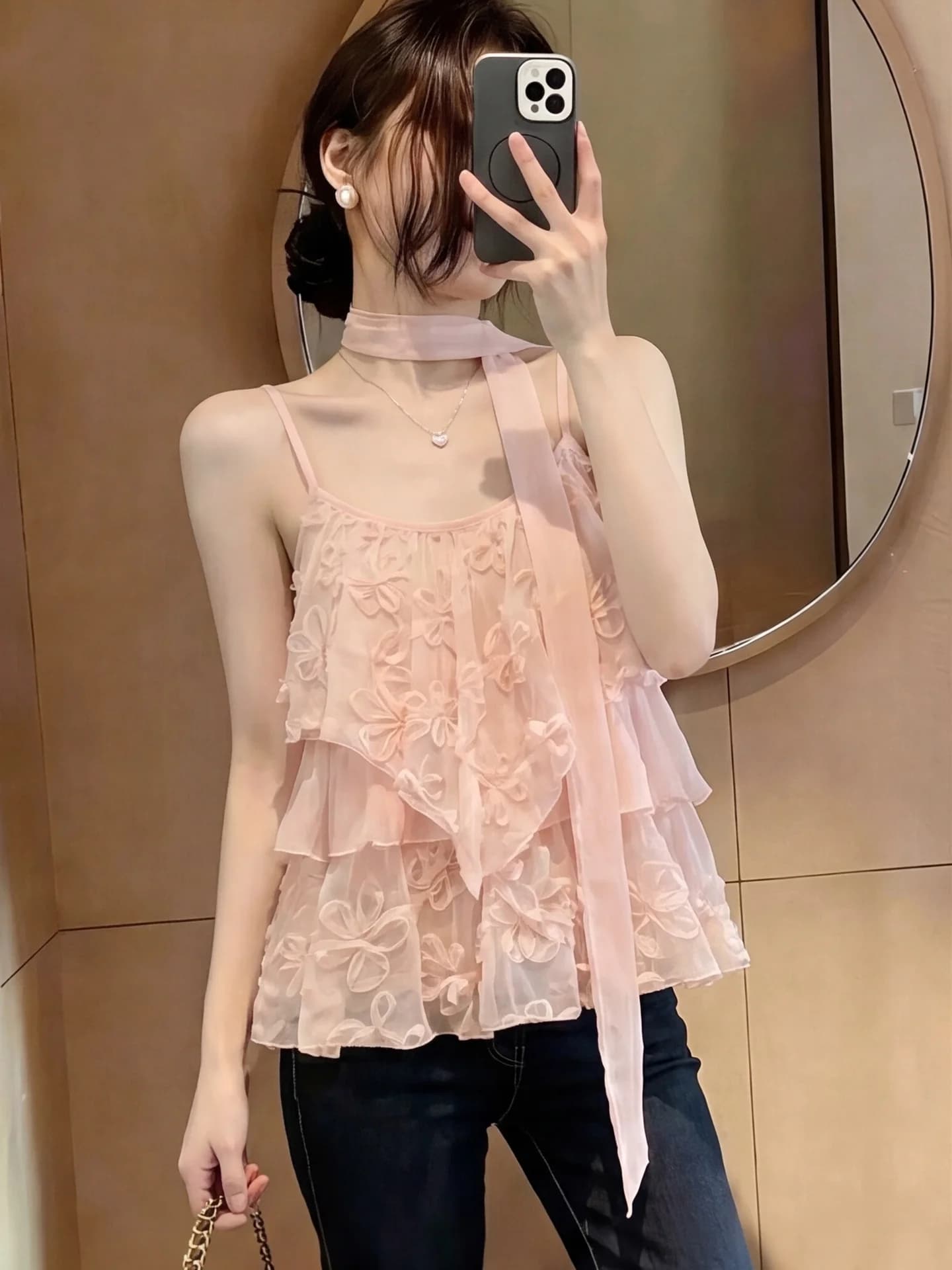 Top Bustier in Pizzo Irregolare Rosa, Stile Estivo da Donna, Bellissimo Gilet con Fiori 3D, Stile Dolce, in Fibra di Poliestere, Scollo a V