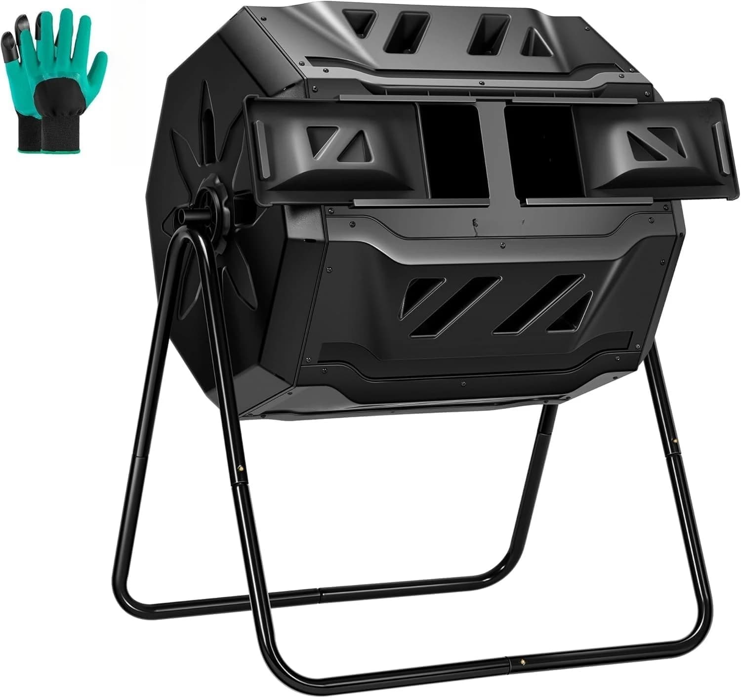 Outdoor Tumbling Composter Dual Rotating Batch Compost Bin, 43 Gallon Black Door