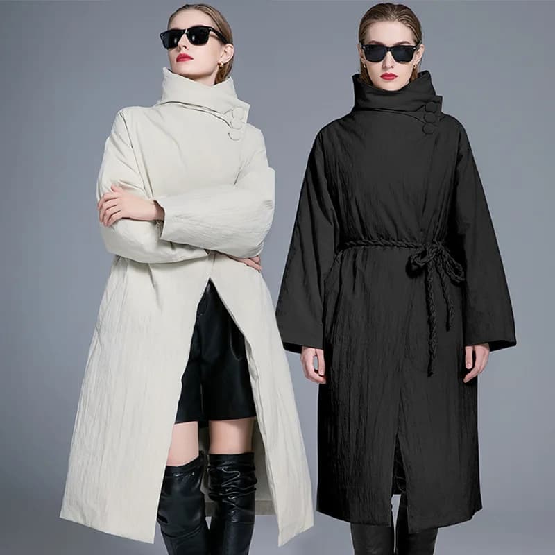 Winter Luxury Brand White Duck Down Puffer Jacket Stand Collar Long Down Jacket Warm Thick Coat Windproof Jacket Buttons Belt