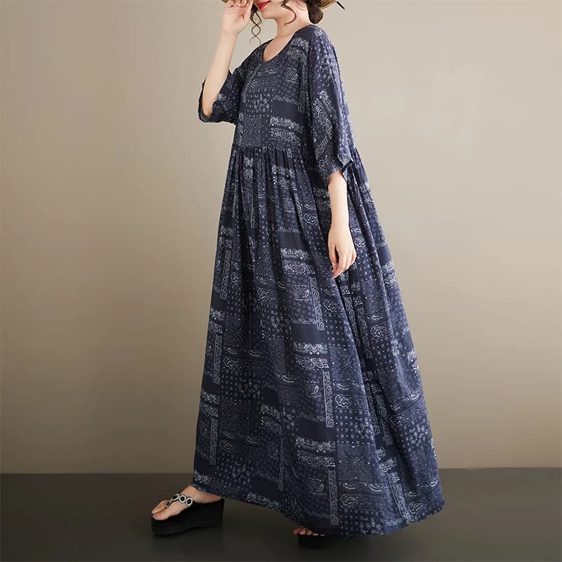 Abito Estivo Bohemien in Cotone da Donna, Vestito Lungo Ampio con Scollo Rotondo e Maniche a Spalla, Stile Boho, Gonna a Trapezio di Media Lunghezza, Citywalk